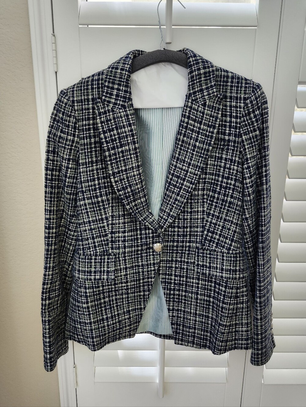 Veronica Beard Navy and White Tweed Single-Button Blazer